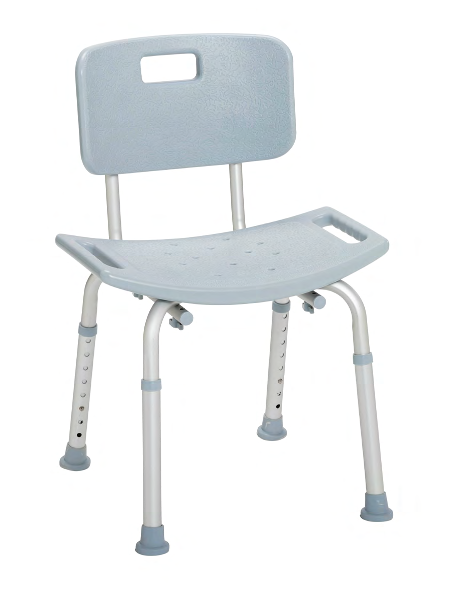 White shower chair with a backrest and four height-adjustable aluminum legs.