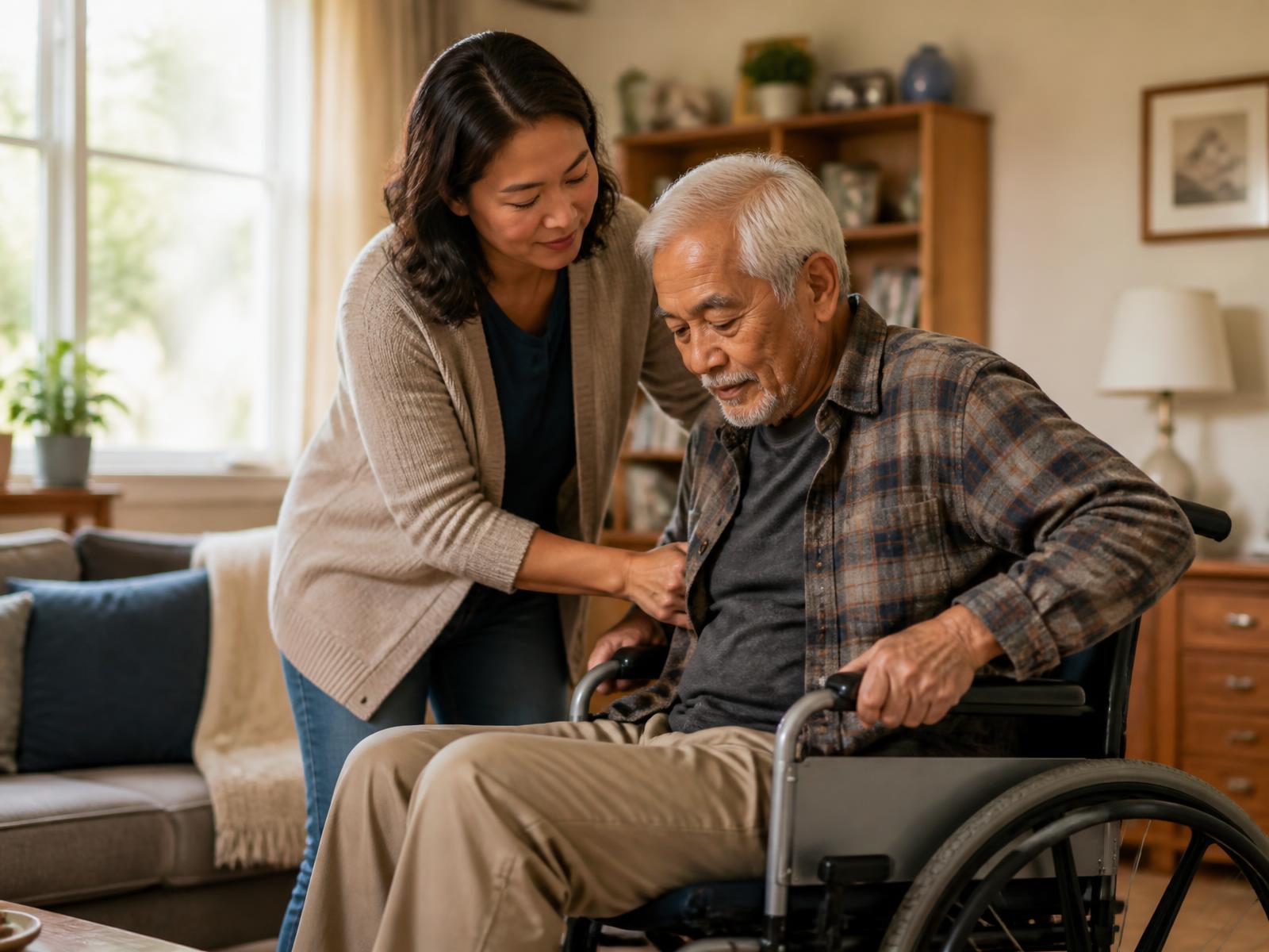 A caregiver supporting an older adult using a wheelchair at home